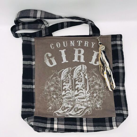 Handmade Tote Bag: Repurposed, Cowgirl, Brown, Tan, Cream, Boots, and Charm - Picture 1 of 9
